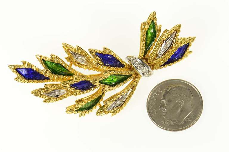 18K Yellow Gold Blue Green Enamel Diamond Leaf Cluster Pin/Brooch