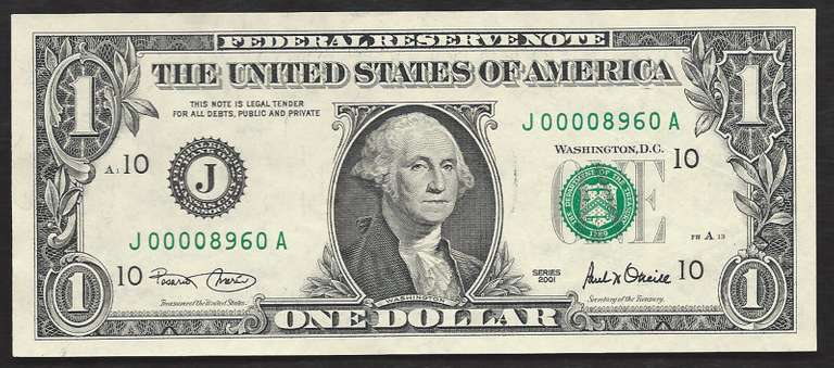 $1 2001 FRN Fancy Numbers  Low serial number. Choice Unc.
