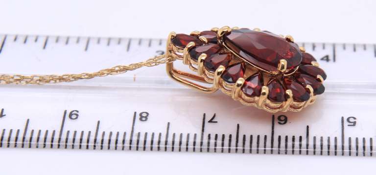 Cute Yellow Gold Pear Garnet w Pear Garnet Cluster Halo Pendant on Chain