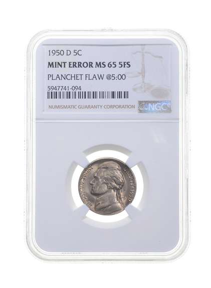 MS65 ERROR 1950-D Jefferson Nickel - 5FS - Planchet Flaw @5:00 - NGC