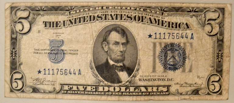 $ 1934 A $5 Silver Certificate Star Note