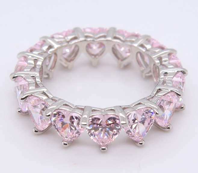 Heart Shaped Pink Cubic Zirconia Sterling Silver Band
