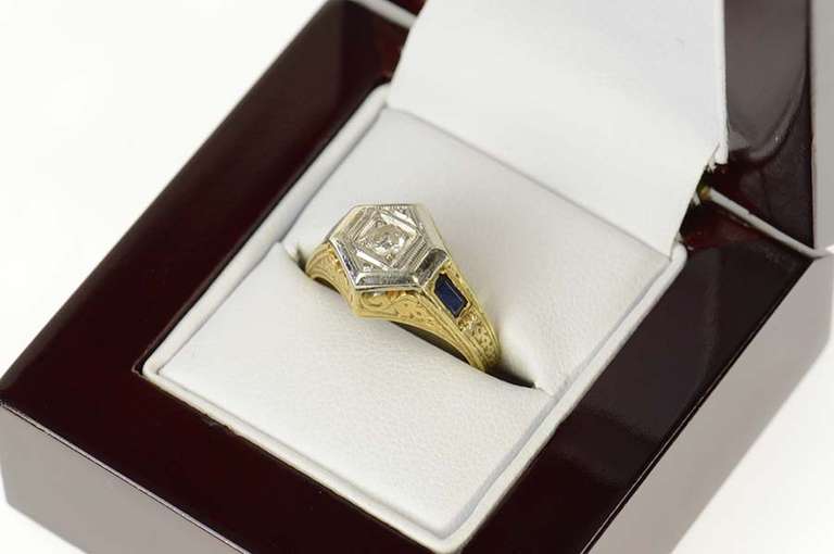 14K Yellow Gold Art Deco Diamond Sapphire Etched Engagement Ring