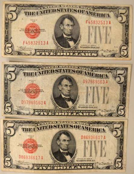 3 1928 Series Red Seal US Notes