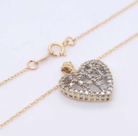 Dainty 10KT Cross-Hatch Baguette Diamond Heart Pendant on Chain