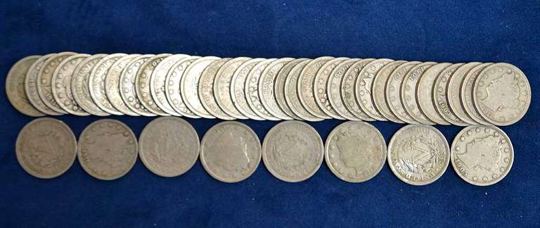 Lot Of 40 Liberty V Nickels, Circulated.