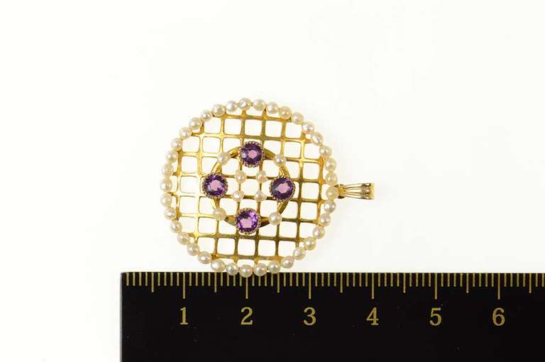 10K Yellow Gold Ornate Seed Pearl Amethyst Lattice Round Pendant
