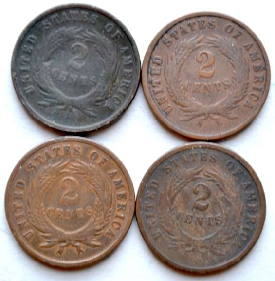 1864 1865 & 2 1868 Two Cent Pieces
