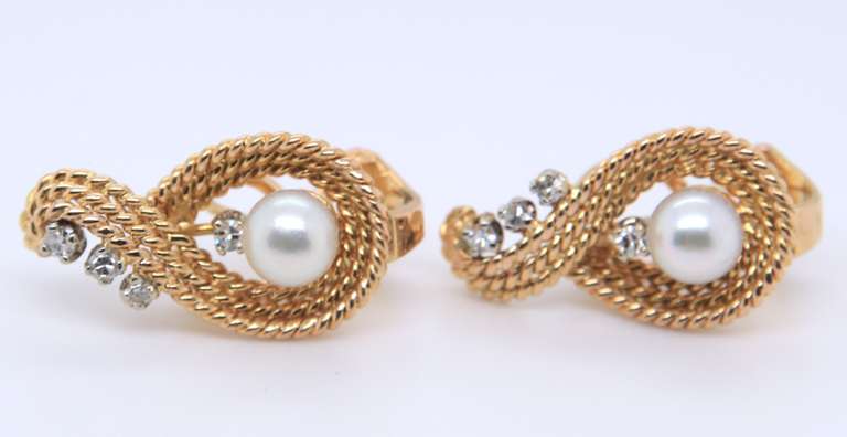 Charming 18kt Pearl and Diamond Rope Swirl Earrings