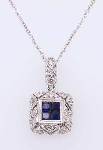 Charming 18kt Deco Style Sapphire Diamond Cluster Pendant on Chain