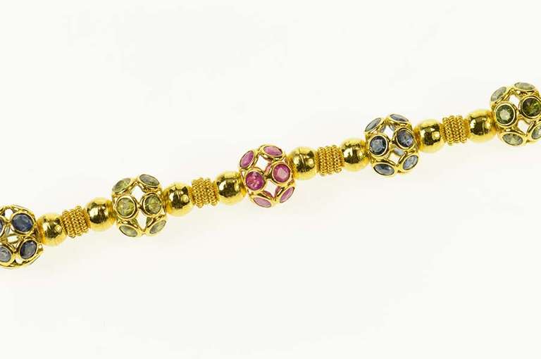 18K Yellow Gold Ruby Peridot Sapphire Encrusted Ornate Bracelet