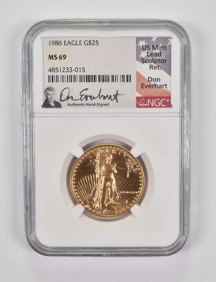 MS69 1986 $25 American Gold Eagle - Everhart Signed - Graded NGC
