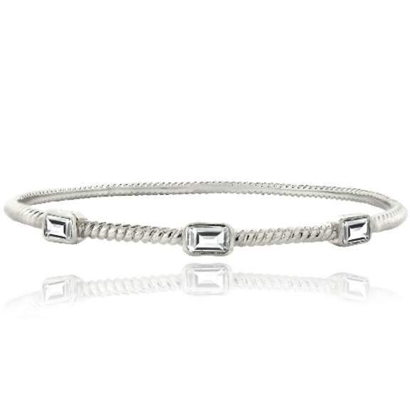 Silver Tone White Topaz Rectangular Corrugated Bangle