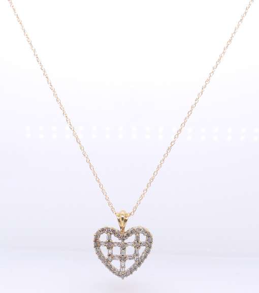Dainty 10KT Cross-Hatch Baguette Diamond Heart Pendant on Chain