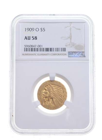 AU58 1909-O $5 Indian Head Gold Half Eagle - Graded NGC