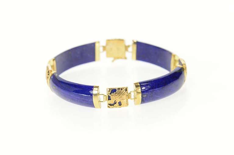 14K Yellow Gold Lapis Lazuli Carved Chinese Dragon Motif Bracelet