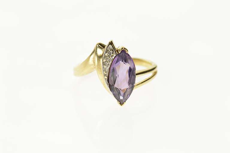 10K Yellow Gold Marquise Amethyst Diamond Accent Bypass Ring