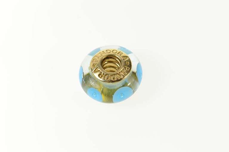 14K Yellow Gold Pandora Murano Blue Glass Swirl Designer Charm/Pendant