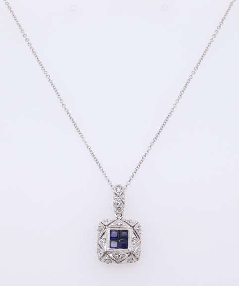 Charming 18kt Deco Style Sapphire Diamond Cluster Pendant on Chain
