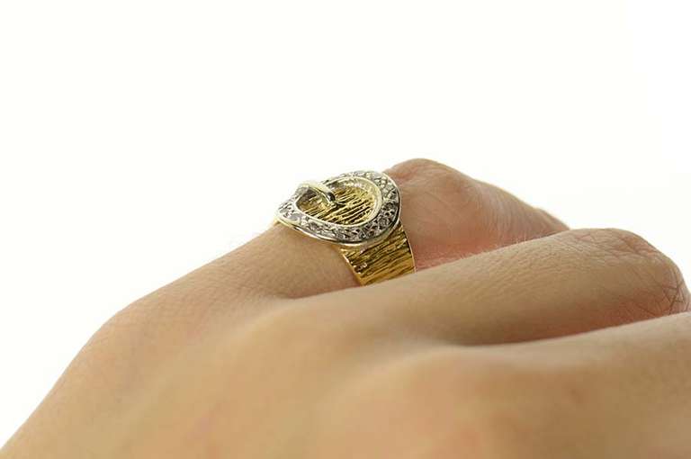 14K Yellow Gold Diamond Round Belt Buckle Statement Ring