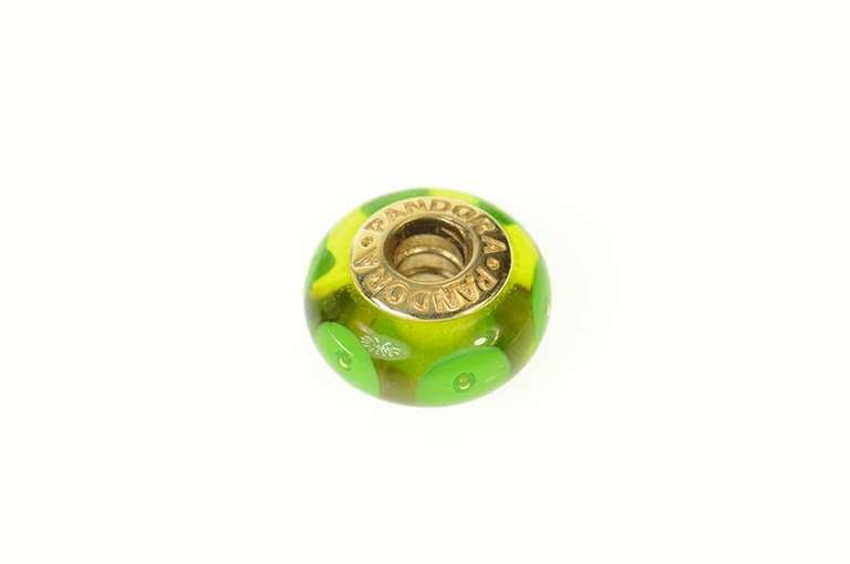 14K Yellow Gold Pandora Green Mystic Murano Glass Bead Charm/Pendant