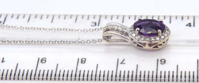 Elegant White Gold Amethyst and Diamond Halo Pendant on Chain