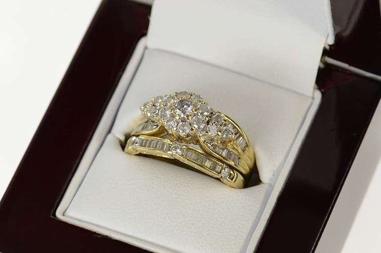 14K Yellow Gold 1.37 Ctw Diamond Cluster Engagement Bridal Set Ring