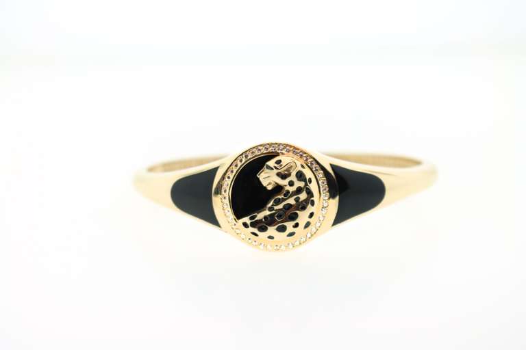 BRAND NEW! Handmade Italian 14k Gold and Onyx Panther Bangle Bracelet rimmed with Cubic Zirconias