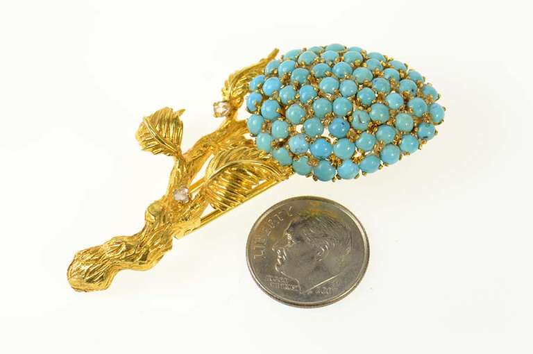 18K Yellow Gold Pave Turquoise Flower Motif Diamond Pin/Brooch