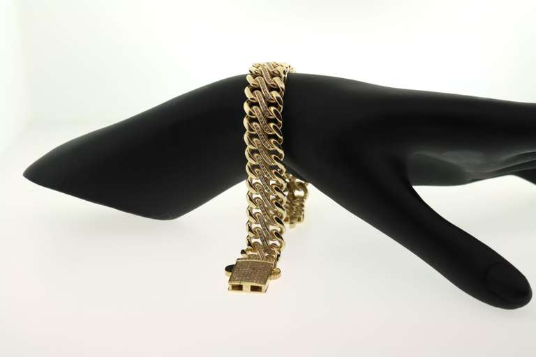 Tri-Layered 14k Gold Handmade Italian Curb Chain Bracelet with Cubic Zirconias