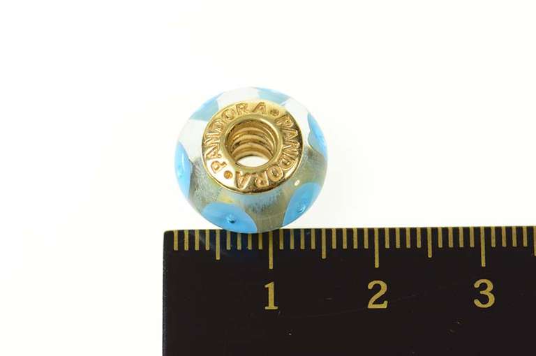 14K Yellow Gold Pandora Blue Mystic Murano Glass Bead Charm/Pendant
