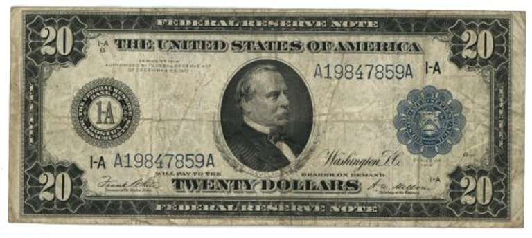 Scarce 1914 Series Large Size $20 Federal Reserve Note (1-A)