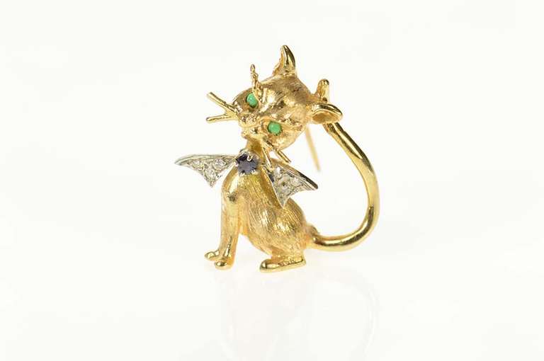 14K Yellow Gold Diamond Sapphire Emerald Cat Kitty Retro Pin/Brooch