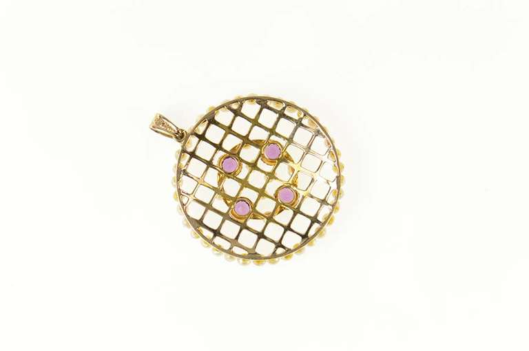 10K Yellow Gold Ornate Seed Pearl Amethyst Lattice Round Pendant