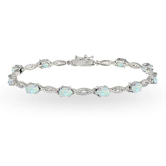 925 Silver Simulated White Opal and White Topaz Oval-Cut Swirl Tennis Bracelet