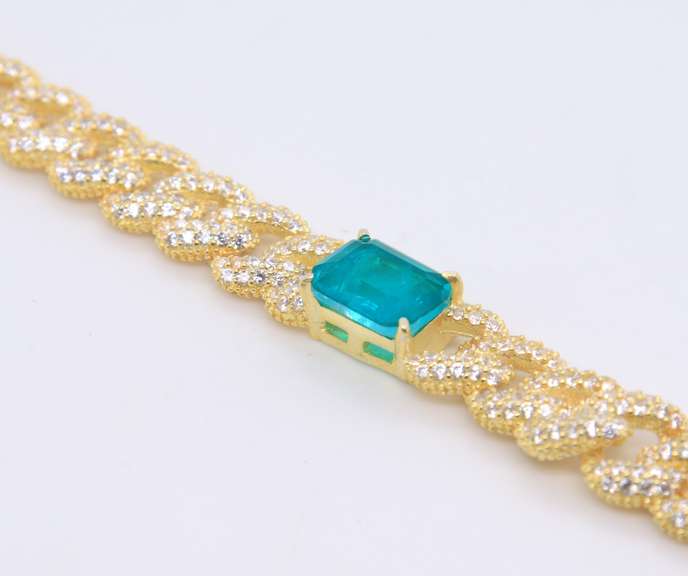 Sterling Silver Green Cubic Zirconia Curb Link Bracelet