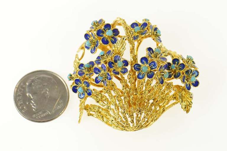 18K Yellow Gold Turquoise Enamel Flower Bouquet Basket Pin/Brooch