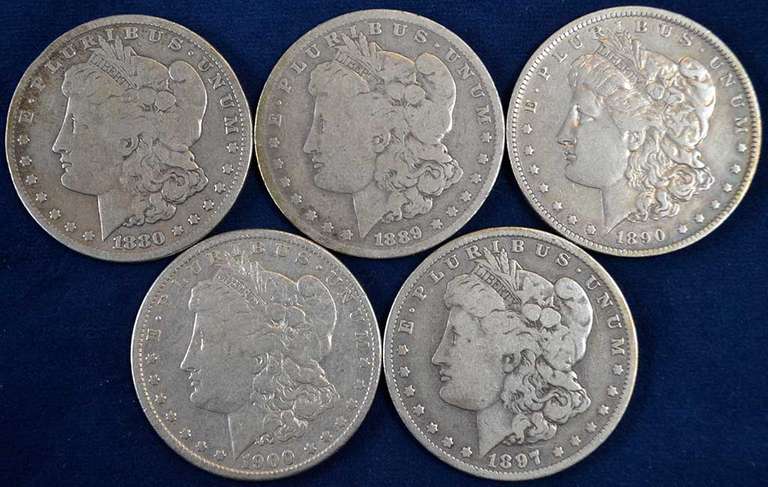 Lot Of 5 Morgan Silver Dollars, Circulated. In Display Box.