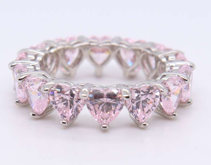 Heart Shaped Pink Cubic Zirconia Sterling Silver Band