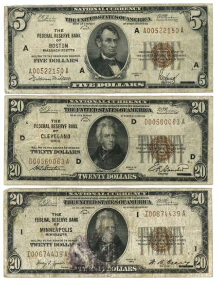 3 Diff. 1929 Series National Currency Notes: $5 & 2 $20's