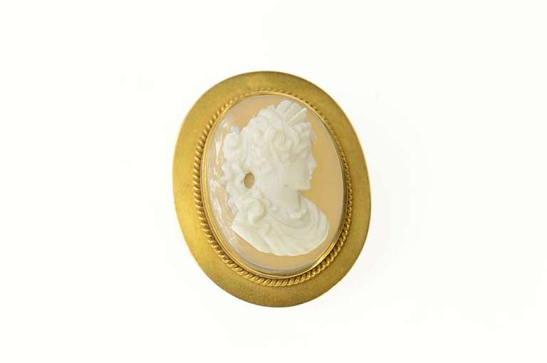 14K Yellow Gold Victorian Carved Agate Lady Cameo Pin/Brooch