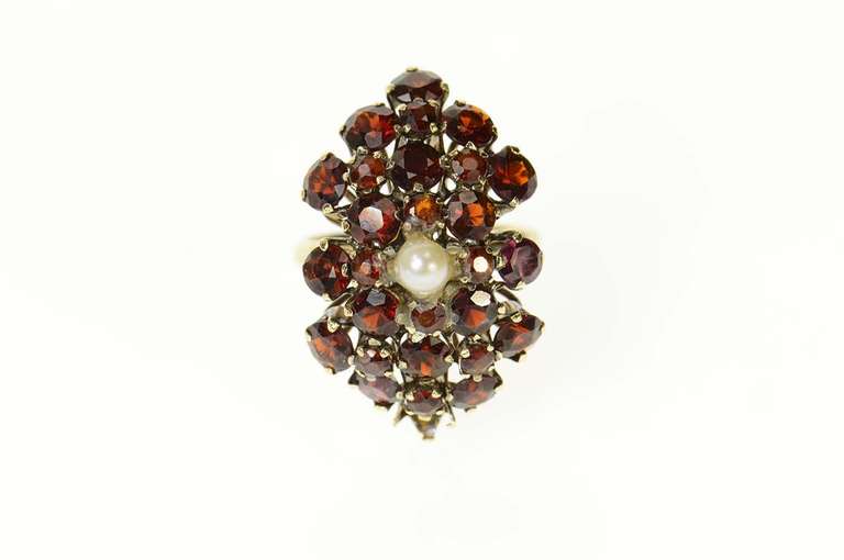 14K Yellow Gold Ornate 1950's Syn. Garnet Cluster Cocktail Ring