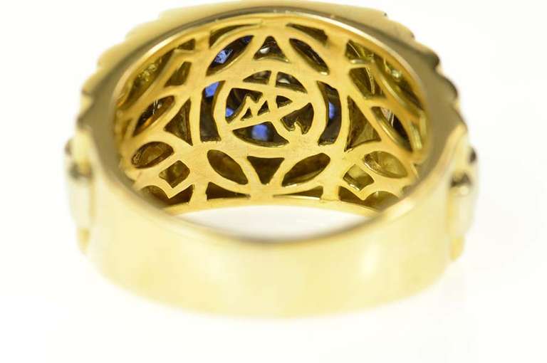 18K Yellow Gold Men's Retro Diamond Sapphire Ornate Ring