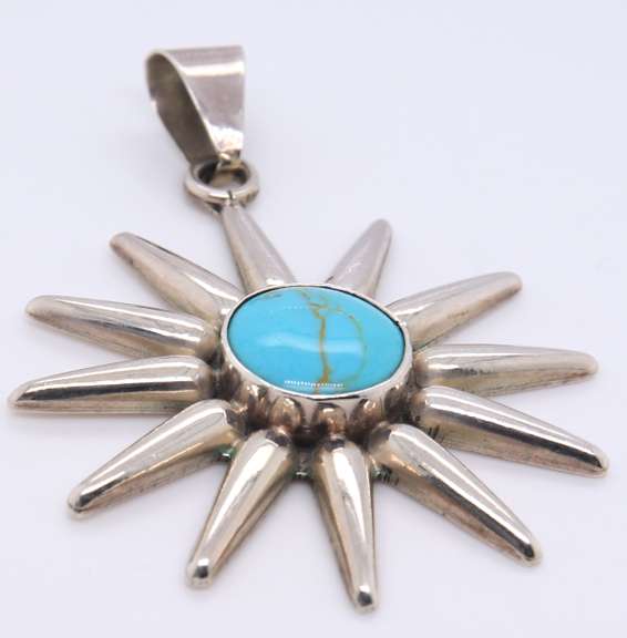 Vintage Sterling Silver Mexico Sun Turquoise Pendant