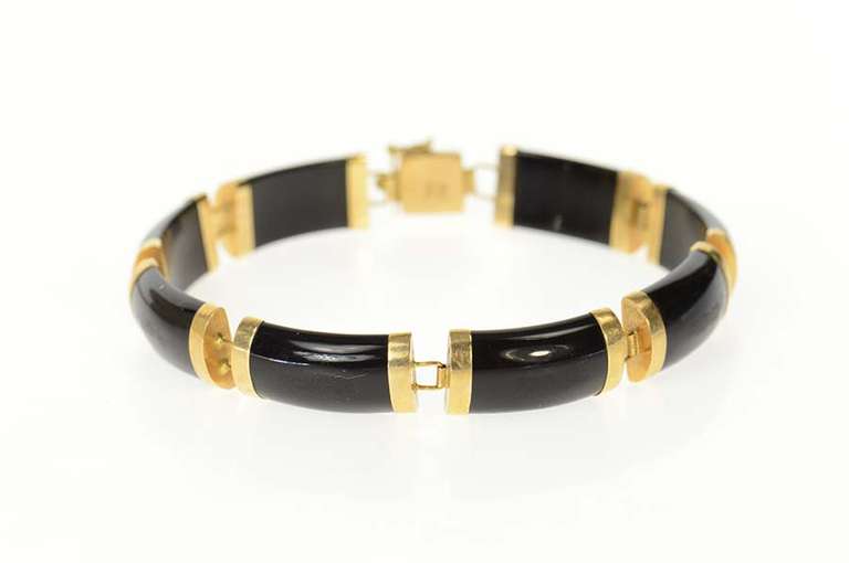 14K Yellow Gold Black Onyx Curved Bar Link Statement Bracelet
