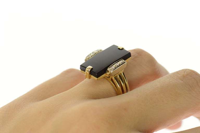 14K Yellow Gold Retro Black Onyx Diamond Accent Statement Ring