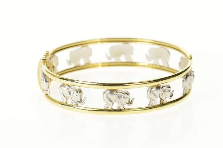 14K Yellow Gold Two Tone Stylized Elephant Bangle Bracelet