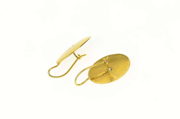 14K Yellow Gold Satin Finish Retro Diamond Oval Dangle Earrings