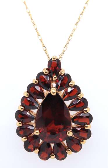 Cute Yellow Gold Pear Garnet w Pear Garnet Cluster Halo Pendant on Chain