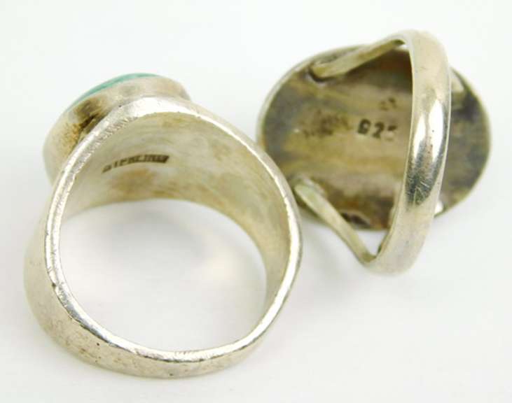 2 Chunky Sterling Rings with Green Stones, 7.25